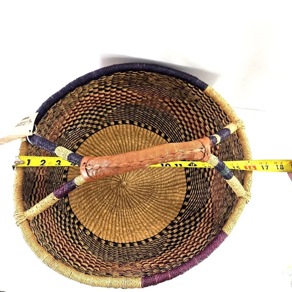 Large‎ Hand Woven Natural African Market Basket Leather Handle 16” Reshapeable